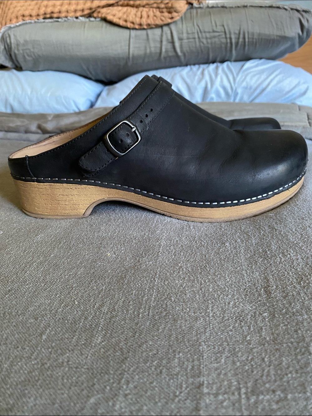 Dansko Black Leather Clogs with Buckle Strap